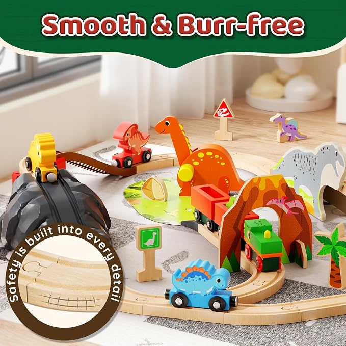 Lehoo Castle Wooden Train Set - Dinosaur Train Set for Toddlers 2-4, Wooden Train Track Railway Playset Toys for 3 4 5 6 Year Old Boys Girls Birthday Gifts