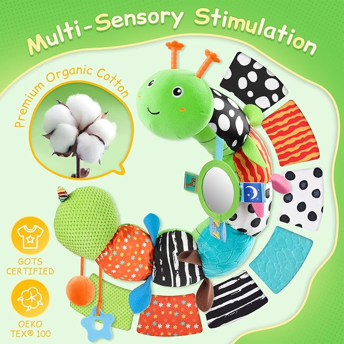 Baby Sensory Musical Caterpillar Plush Toy, Soft Stuffed Animal with Mirror Crinkle Paper Rattle Teether, Tummy Time Play Toy for 0-12 Months Newborn Infant, Baby Shower Gift for Boys Girls, Green