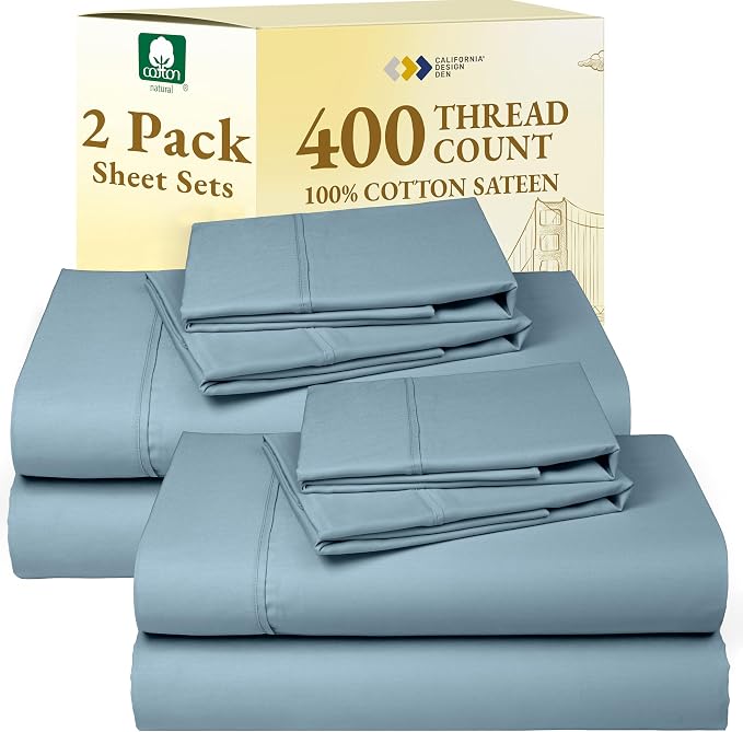 California Design Den Pack of 2 King Size Sheets Set - 400 Thread Count, Soft 100% Cotton Sateen, Deep Pocket King Sheet Set, Durable Bedding - Sky Blue