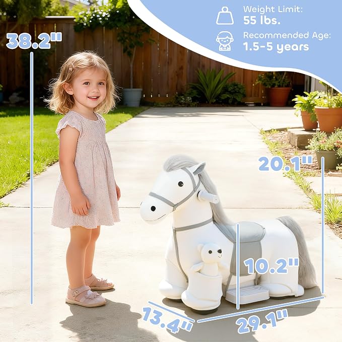 Qaba 6V Kids Ride on Horse, Battery Powered Ride on Toy, Electric Riding Pony with Bear Toy, Music, Soft Touch, PU Wheels, Foot Pedal, Forward, for Girls Boys Aged 1.5-5 Years, White