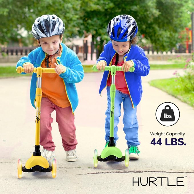 Hurtle Mini Kickboard 3 Wheel Scooter for Kids Ages 2-5 - Lean-to-Steer Toddler Scooter with Light-up LED Wheels, Adjustable Height & Rear Foot Brake for Boys. & Girls, Anti-Slip, Indoor/Outdoor