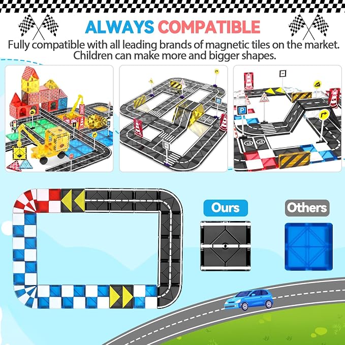 Magnetic Tiles Building Blocks for 3 4 5 6 7 8+ Years Old Boys Girls Colorful Magnet Stacking Toys Birthday Gift for Toddlers STEM Preschool Educational Construction Tiles Set (Multicolor Road)