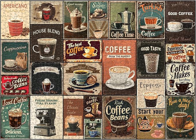Vintage Coffee Collage Puzzles for Adults 1000 Pieces, PICKFORU Breakfast Food Jigsaw Puzzle Coffee Latte, Hard Difficult Retro Poster Theme for Home Wall Decor