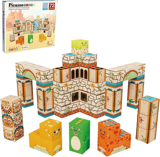 PicassoTiles Magnet Cube Prehistoric World Themed Mix and Match Building Block Construction Toy with 4 Magnetic Cubed Dinosaur Character Action Figures STEM Education Sensory Pretend Play Age 3+ PMC04
