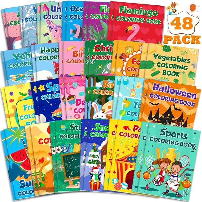 48Pack Mini Coloring Books for Kids Ages 4-8, 2-4, 8-12 – Bulk Small Coloring Books for Party Favors, Birthday Gifts, Classroom Rewards, Travel Activities – Includes Car, Toy, Christmas, Summer Themes