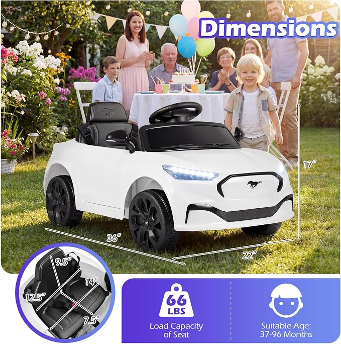 Costzon Ride on Car, 12V Licensed Ford Mach E Kids Electric Vehicle with Parent Control, LED Lights, Horn, Music, Wireless Connection & Spring Suspension, Kids Car Toy for Girls Boys (White)