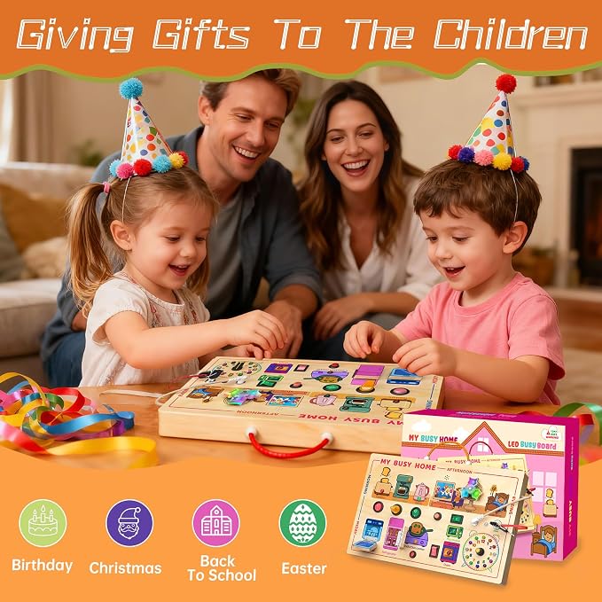 flycoost My Busy Home Montessori Busy Board for Toddlers 1-3, Wooden Sensory Activity Board with Switches, Lights, Clock, Kitchen Appliances Toys, Educational Busy Board for 1+ Year Old Boys Girls