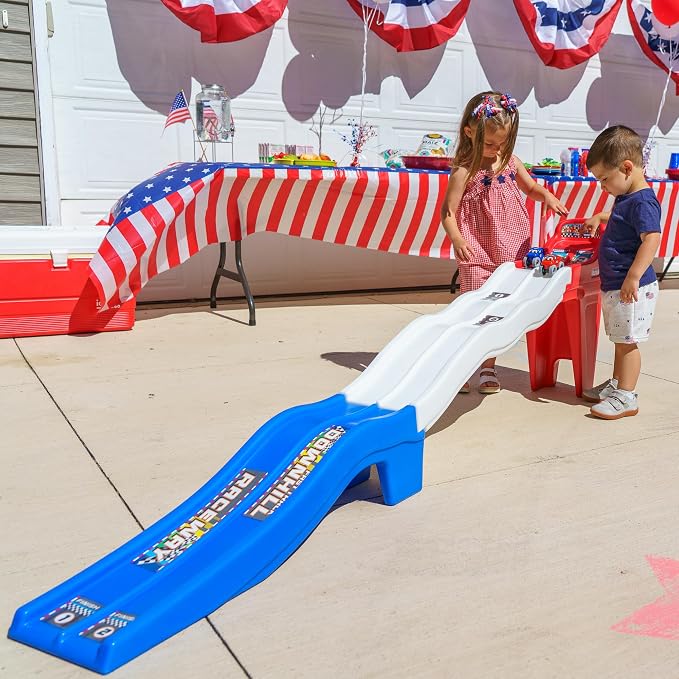 Simplay3 Fast Track Downhill Toddler Race Track Toy with Dual Lane Car Ramp Racing Set, Includes 2 Toy Cars, Indoor Active Play Raceway, Red/White/Blue