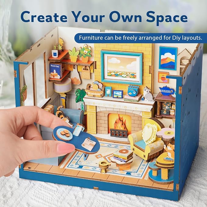 DIY Miniature House Kits-Living Room, 3D Wooden Puzzles with LED Light Tiny House Mini House Building Kit for Adults, Wooden Adults Crafts Home Decor Gifts for Parents Friends