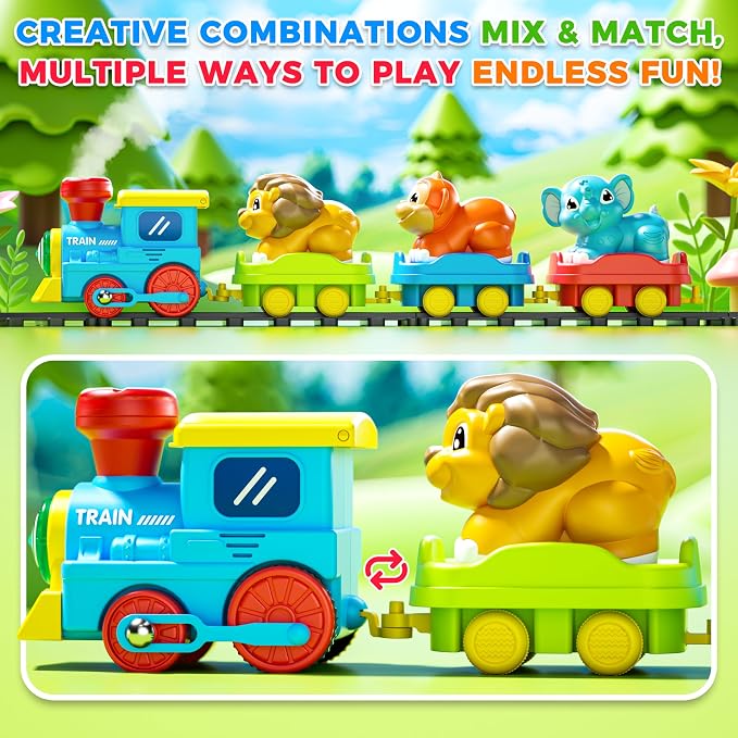 Train Set for Toddlers with Steam, Music, Lights and 3 Animal Cars | Electric train fun meets animal play with music, lights and a playful steam effect.