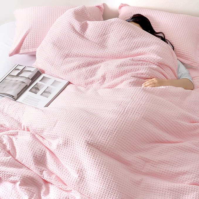 David's Home Waffle Weave Comforter Set 3PCS King Size, Soft Breathable Lightweight Cozy Skin-Friendly Warm for All Season, Elegant Aesthetic Home Decor Bedding Set with Pillow Shams, Pink