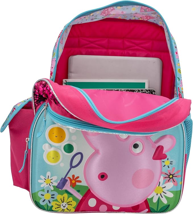 AI ACCESSORY INNOVATIONS Peppa Pig 16” Backpack, Girls Travel Bag Featuring Flip Sequins & 3D Molded Satin Front Zip Pocket, Pink