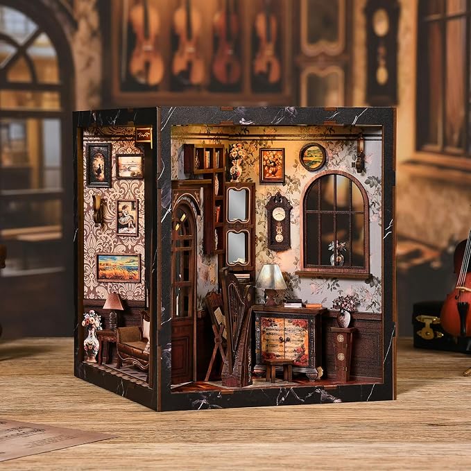 DIY Miniature House Kit, Book Nook Kit, A Scene on Every Side, 3D Wooden Puzzles Bookshelf Craft Kits, Dollhouse Kit with LED Light, Mini Building Kit for Adults Teen (European Melody Instrument Box)