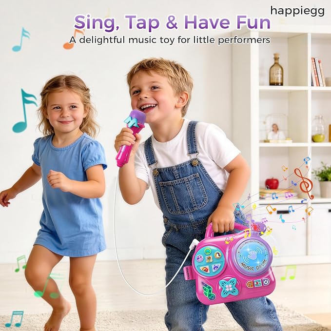 Kids Karaoke Machine with Microphone: Toddler Music Player & Light-Up Drum - Sound Toy with Handle for Boys Girls 3+, Pink