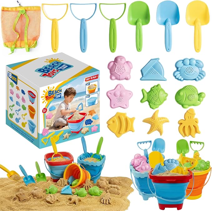 Beach Sand Toys Set for Toddlers, Portable Travel Beach Toys with 3 Collapsible Buckets, 3 Shovels, 3 Rakes, 9 Molds & Backpack for Kids, Summer Gift，Beach Tourism