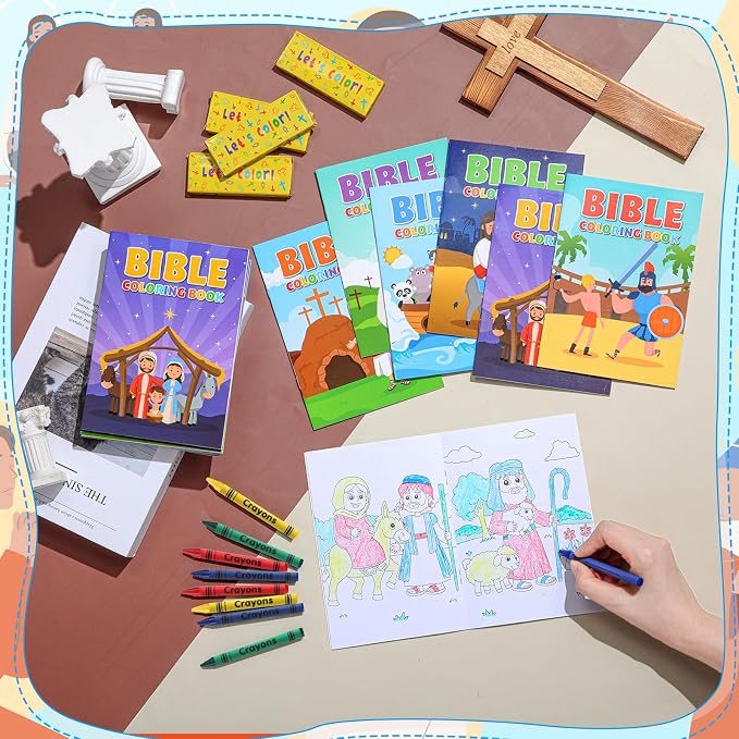 Gilprop 24 Set Bulk Christian Coloring Books with Crayons for Kids Bible Religious Drawing Books Bulk Christian Story Activity Supplies, DIY Sunday School Crafts, Bible Party Favors Gifts