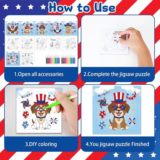 Fennoral 24 Pack 4th of July Craft Kit for Kids Color You Own Cute Animal Patriotic Jigsaw Puzzle with Base DIY Coloring Independence Day Art and Craft for Classroom Activity Party Favor,4.7inch
