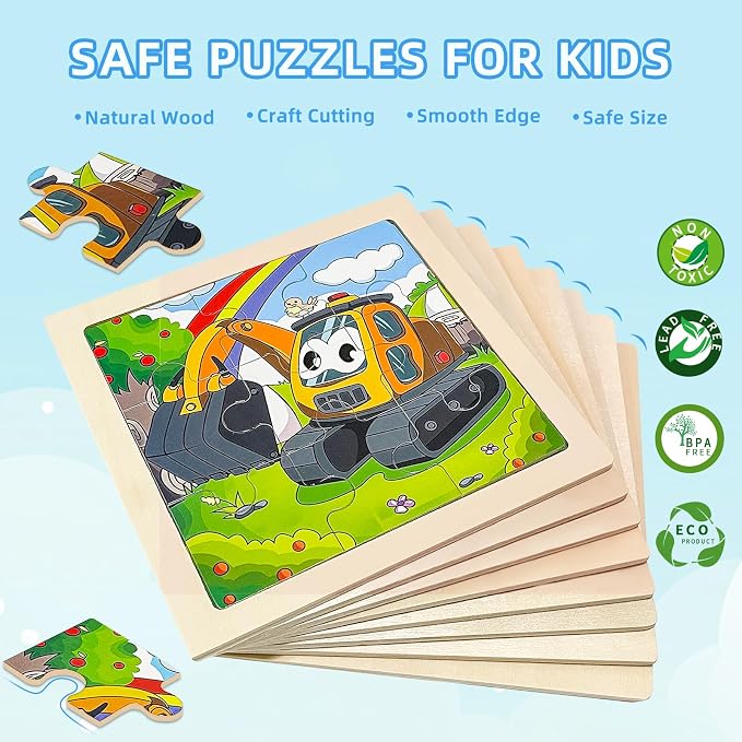 Wooden Puzzles for Toddlers 2-4, 8 Pack Vehicle Car Construction Jigsaw Puzzles for Kids Ages 3-5, 9 Pieces Puzzles for Kids Ages 4-6 Preschool Educational Toys Gift for Boys Girls