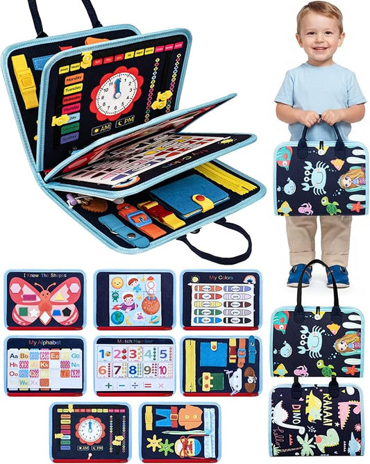 Montessori Busy Book for Toddlers, 8-Page Sensory Activity Book for Fine Motor Skills & Basic Dress Learning, Portable Travel Toy for Preschool Kids, Birthday Gift for Boys and Girls (Blue)