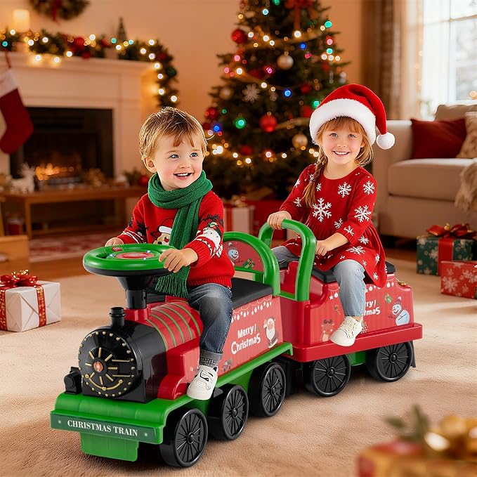 Costzon 2-Seater Ride on Train with Carriage, 6V Ride on Toy w/Under-Seat Storage, Footrests, Train Whistle, Music & Colorful Flashing LED Lights, Electric Car for Kids Aged 18+ (2 Seaters, Green)