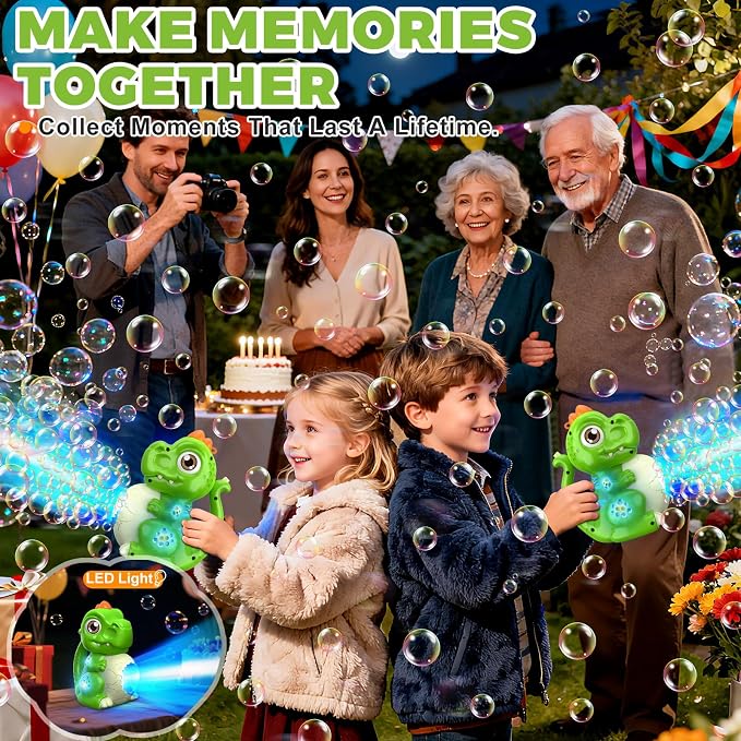Toddler Toys Dinosaur Bubble Machine: Automatic Blower with Lights, Large 150ML Tank & Powerful Motor - Produces 15,000+ Colorful Bubbles/Min for Magical Party, Birthday