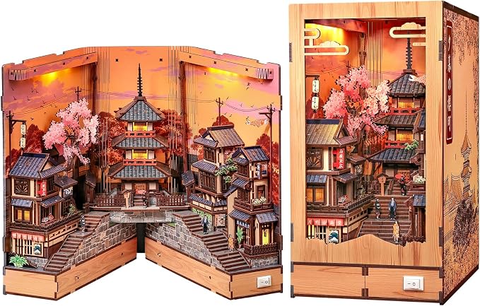 CUTEBEE Book Nook Kit - DIY Miniature House Japanese Street Diorama, Fold-Out Dollhouse Booknook for Adults, Tiny House Bookshelf Decor 3D Wooden Puzzle Gifts (Twilight Sakura Path)