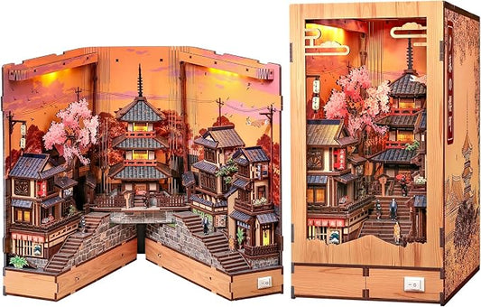 CUTEBEE Book Nook Kit - DIY Miniature House Japanese Street Diorama, Fold-Out Dollhouse Booknook for Adults, Tiny House Bookshelf Decor 3D Wooden Puzzle Gifts (Twilight Sakura Path)
