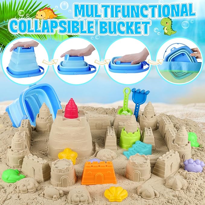 ERHAlCAT Beach Sand Toys, Dinosaur Fossil Molds, Sandbox Toys with Collapsible Bucket, Sand Castle Building Kit, Shovel, Rake and Mesh Bag, Outdoor Summer Travel Toys for Kids Ages 3-12