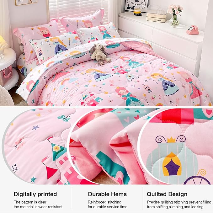 Wajade Kids Pink Princess Comforter Set Bed in A Bag Full Size 7 Piece Princess Fairy Tales Castle Bedding Set for Girl (1 Comforter, 1 Flat Sheet, 1 Fitted Sheet, 2 Pillowcase and 2 Pillow Sham)