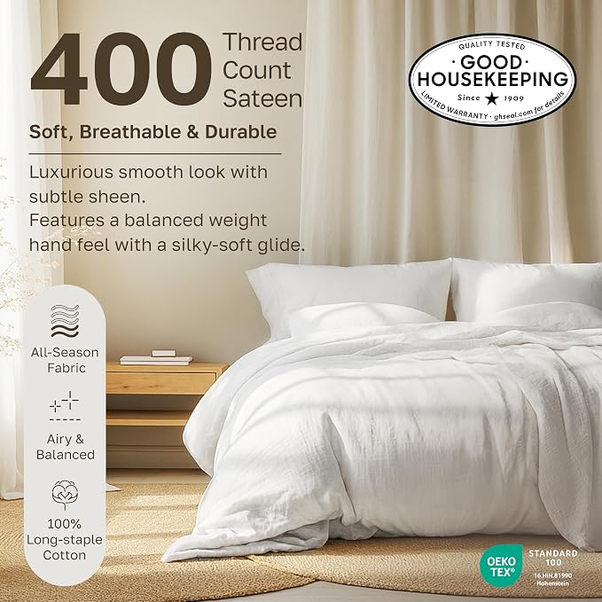 California Design Den Soft 100% Cotton Full Sheet Set, 400 TC Good Housekeeping Award Winner, Silky Smooth Sateen Weave with Deep Pockets, Breathable and Durable Cotton Bedding Set - Striped White