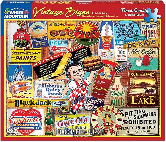 White Mountain 1000 Piece Jigsaw Puzzle Classic Advertising Collage Puzzles with Large Pieces for Adults and Family 24"x30" - Vintage Signs