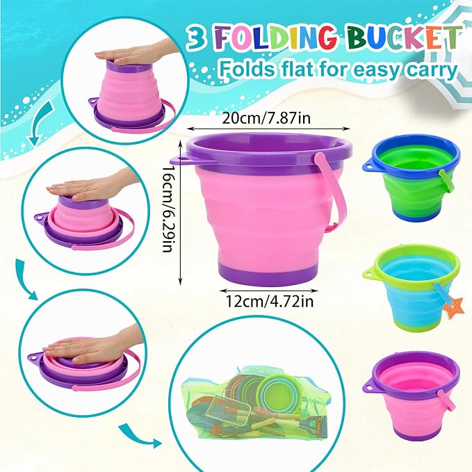 13 Pack Beach Bucket Shovels Toys for Kids,Collapsible Beach Sand Toys Beach Pails and Shovels Set for Toddlers Kids Sand Bucket and Mesh Shovels with Mesh Bag Travel Beach Toys Kit Age 3-10