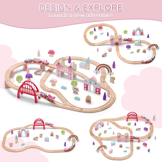 SainSmart Jr. Wooden Train Set 72 PCS Pink Train Set with Unicorn for Toddlers, Train Track Set Fit for Major Brands, Toddler Girl Toys with Castle - Ideal Train Toys Gift for 3 4 5 Year Old Girl