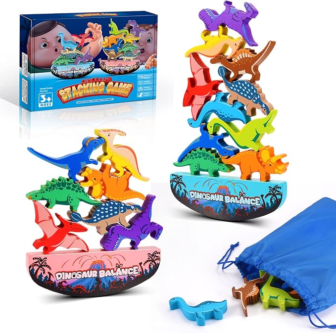 IPOURUP Dinosaur Toys for Kids 3-5: Wooden Stacking Montessori Toys for 3 4 5 6 7 8 Year Old Balance Competition Game for Family Ideal Christmas Birthday Gifts for Kids Ages 3-8 (Double Version)