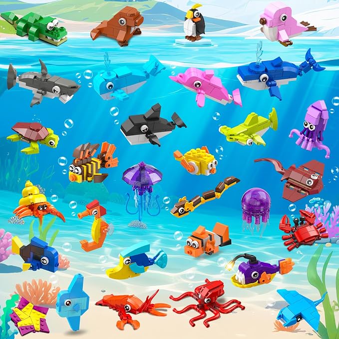 30 Pack Animals Party Favors For Kids, 824PCS Marine Animal Building Block Toy Sets for Goodie Bags Fillers Stocking Stuffer Classroom Prizes Stocking Stuffers Birthday Return Gifts for Boys Girls 6 +
