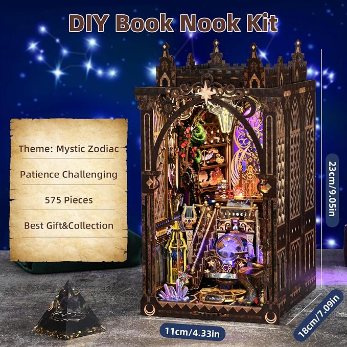 Book Nook DIY Kit for Adults, 3D Wooden Puzzle with LED,Bookend Bookshelf Decoration,Miniature Dollhouse for Home Decor,Mystic Zodiac