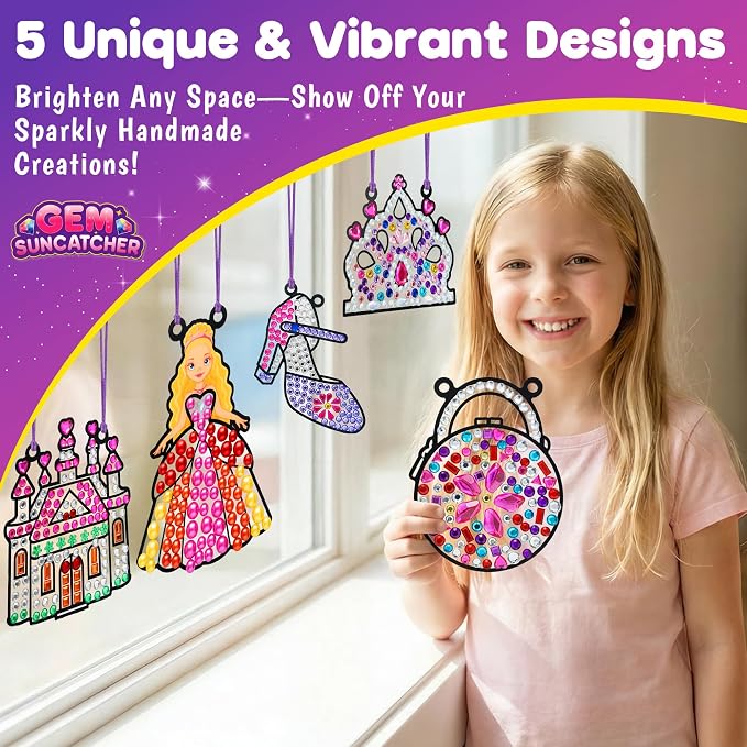Princess Diamond Art Kits for Kids: 5PCS Big Gem Window Art Suncatcher Birthday Gifts Kit for Girls Ages 4 5 6 7 8 9 10 - DIY Creative Kids' Mosaic Kits Diamond Art Crafts Toys