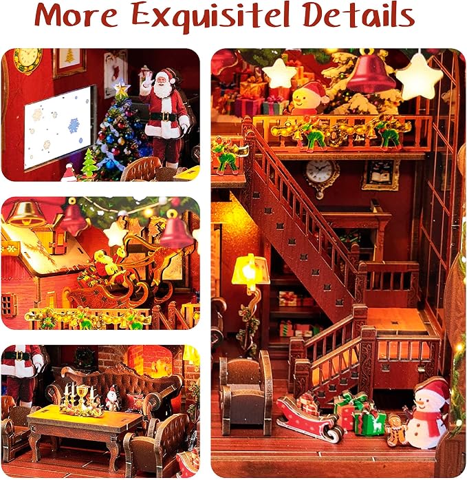 DIY Miniature House, LED Lighting Book Nook Kit Dollhouse Kit,Music Box Dollhouse, 3D Wooden Puzzle with Dust Cover,Gifts for Family, Friends,Christmas(Christmas Carnival)