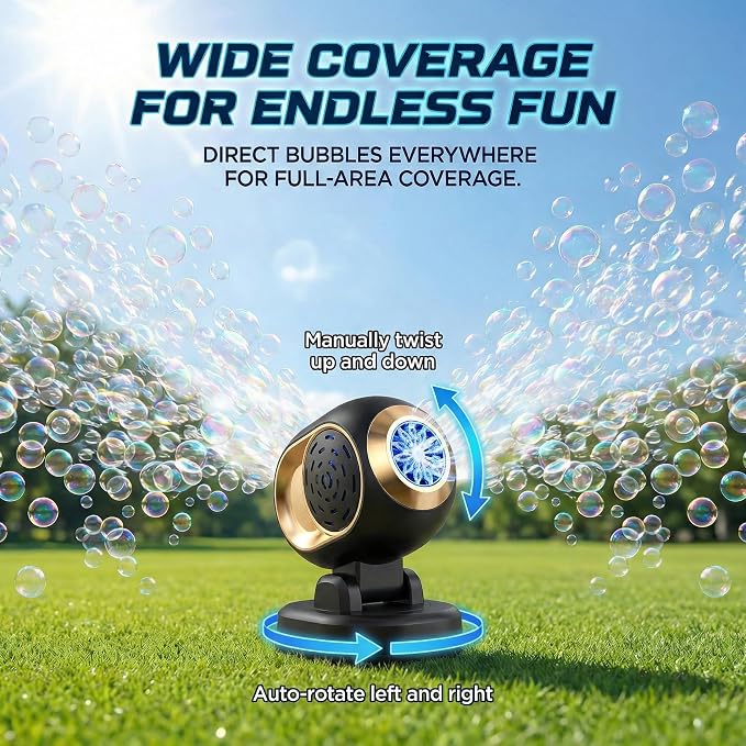 KYWYOYOU Rotating Bubble Machine with Lights, Rechargeable Automatic Maker | Adjustable angle blower for kids, parties, outdoor weddings, and birthdays. Includes 10 concentrated liquid solution refills.