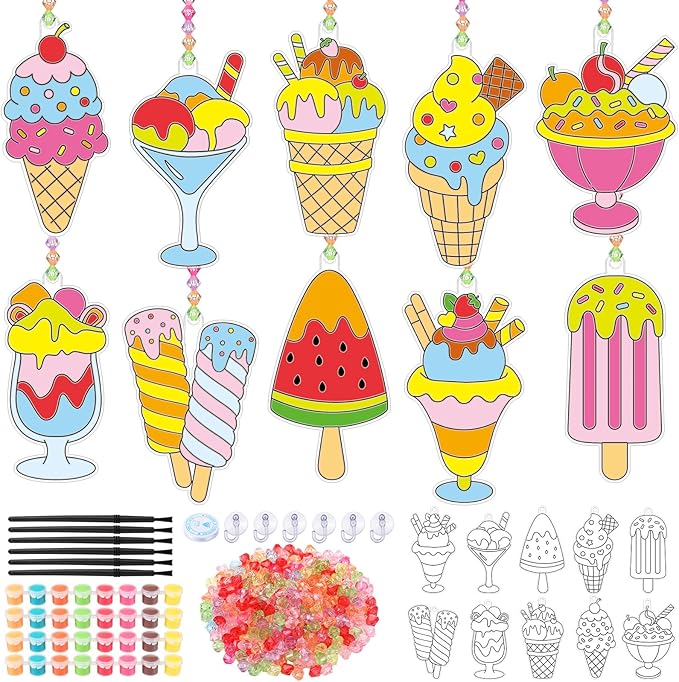 Yaomiao 30 Sets Summer Suncatchers Window Art Drawing Kits DIY Ice Cream Sun Catcher Crafts Bulk Paint Your Own Window Hanging Ornaments for Home Birthday Party Favors Decor Gifts