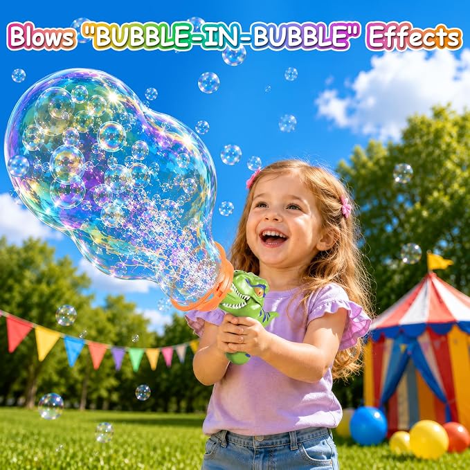 Dinosaur Shaped Bubble Gun for Kids - Blows Over 1000 Bubbles per Minute & Creates Giant Bubbles, Birthday, Christmas & Easter Gift for Boys & Girls Ages 3-9 (Green)
