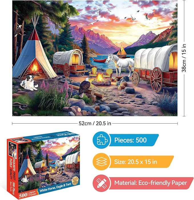 500 Pieces Puzzle for Adults, Puzzles for Adults 500 Pieces, Mountain Lake Horse Camping Jigsaw Puzzle, Home Decor Birthday Party Gift Toy, Finished Size is 20.5 X 15 in