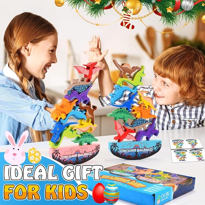 IPOURUP Dinosaur Toys for Kids 3-5: Wooden Stacking Montessori Toys for 3 4 5 6 7 8 Year Old Balance Competition Game for Family Ideal Christmas Birthday Gifts for Kids Ages 3-8 (Double Version)
