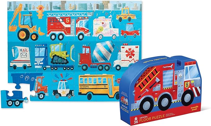 Crocodile Creek 36-Piece Jigsaw Floor Puzzle - Fun Floor Puzzles for Kids Ages 3-5 - Heavy-Duty Shaped Box for Storage - Vehicles - 24" W x 18" H Finished