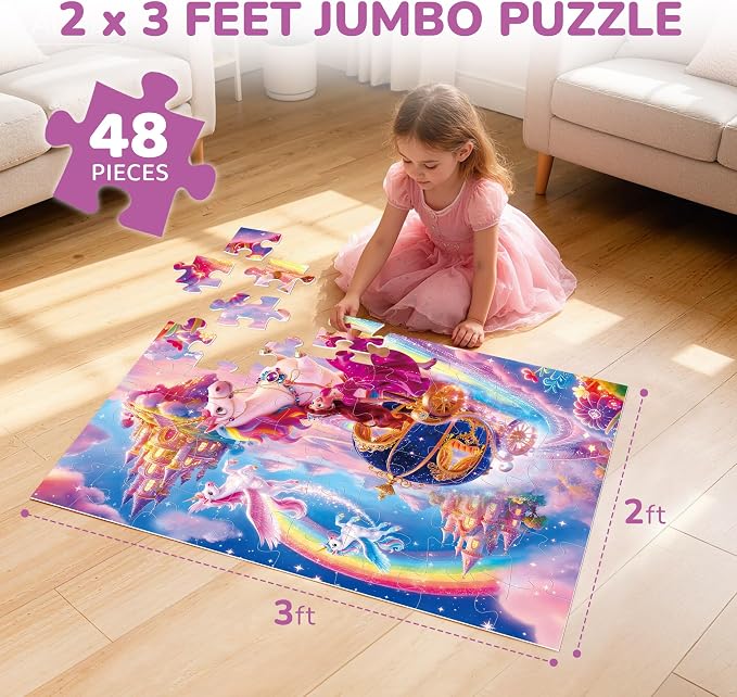 BenBen Floor Puzzles for Kids, 48 Piece 2 x 3 Feet Unicorn Princess Puzzle for Kids Ages 4–6, Large Jigsaw Puzzles for Toddlers, Toy Gift for Girls