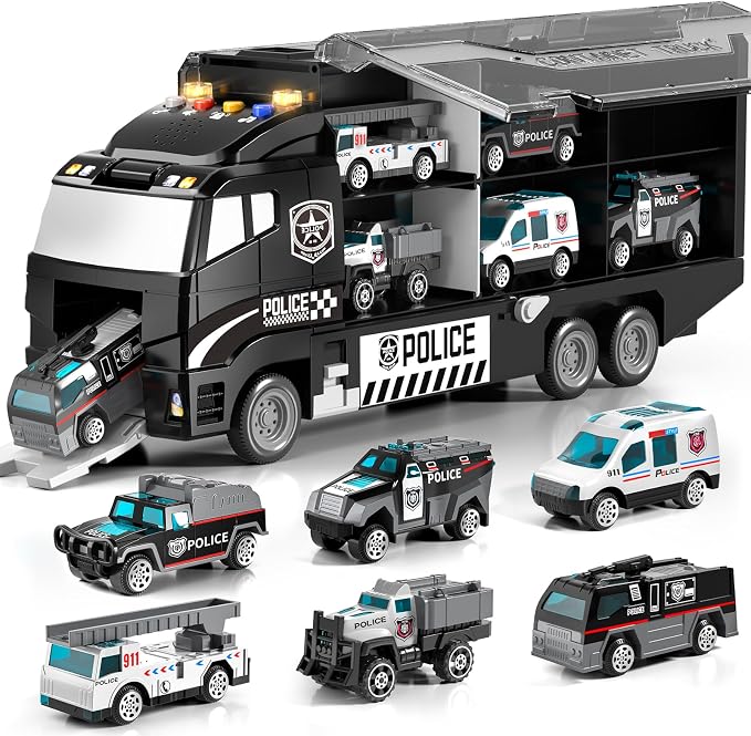 Toddler Boys Police Car Toy Set: Police Truck for Boy 3 4 5 6 Years Old | with Play Mat and Die-Cast Toy Car | Birthday Gifts Toys for 3-8 Year Old Boys | Girl Toys with Light and Sound