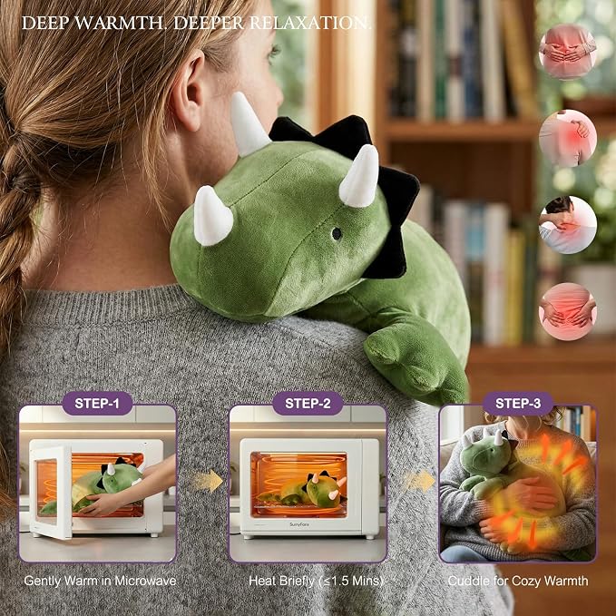 OSOCU® Microwavable Heating Pad Green Triceratops Plush - 1.4 Lb Weighted Stuffed Animal Toy with Tourmaline Beads & Lavender - 16" Squished Long Dinosaur Pillow - Lumbar Back Cushion Lasting Warmth