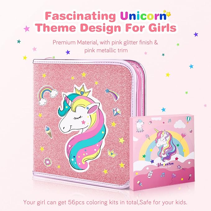 MAIGOZON Unicorn Gifts for Girls - 56 PCS Scented Markers Art Supplies Set for Kids Ages 4-8, Coloring Drawing Kit with Glitter Unicorn Case & Quick-Dry Gel Pens, Birthday Christmas Gift