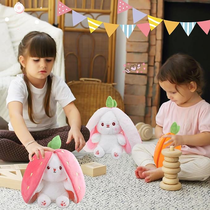 MIAODAM Cuddly Bunny Stuffed Animal, Kawaii Squishy Cute Easter Bunny Plush Turn Into Rabbit Fruit Doll Carrot Strawberry Bunny, Plushies Funny Bunny Toy for Kids