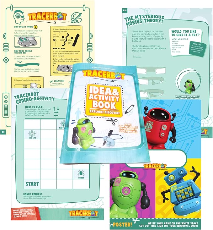 MUKIKIM TracerBot Set (2 Robot Set) – Mini Inductive Robot That Follows The Black Line You Draw. Fun, Educational, and Interactive STEM Toy! Includes Trail Map, Dry Erase Board, and Playbook